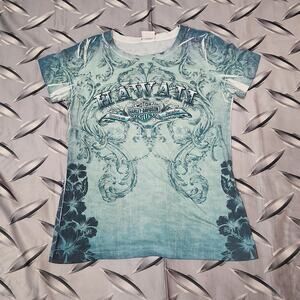 Harley Davidson Womens T Shirt Top All Over Print Y2K M/L 18x25